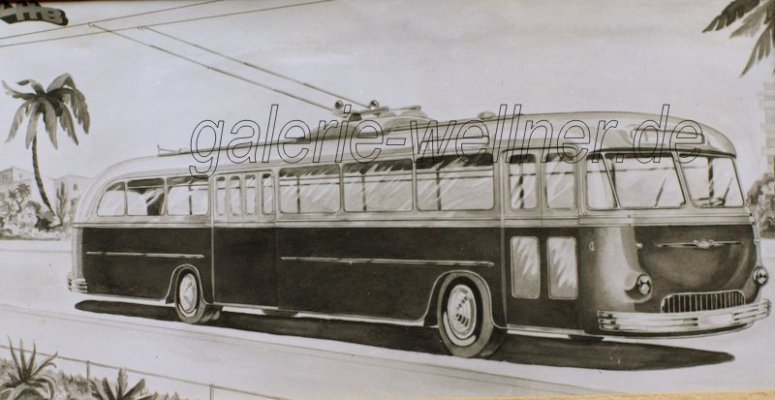 Historische Werbegrafik für Oberleitungsbusse des Fahrzeug-Herstellers Linke-Hofmann-Busch
